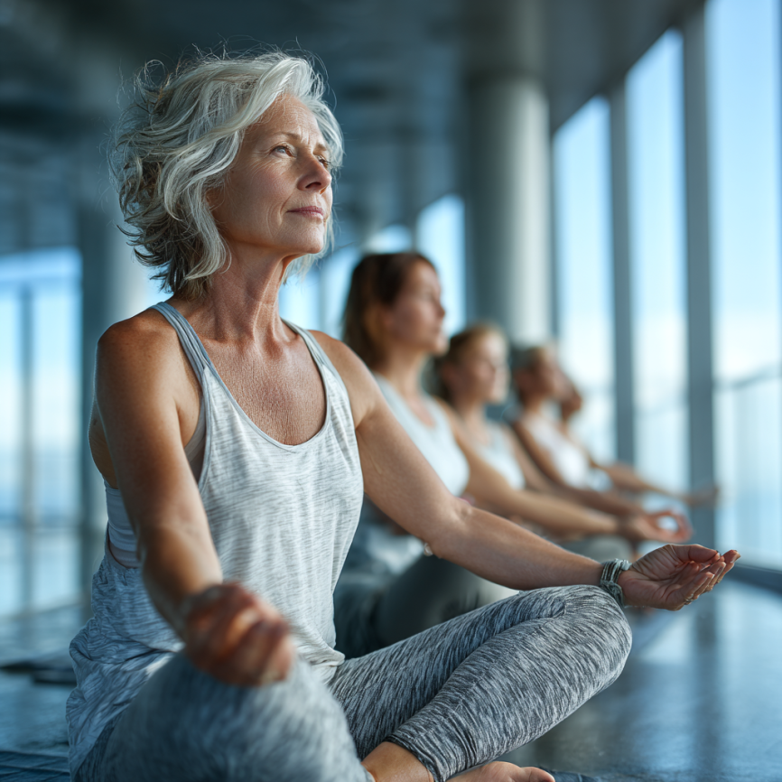 Възрастна жена практикува йога на открито