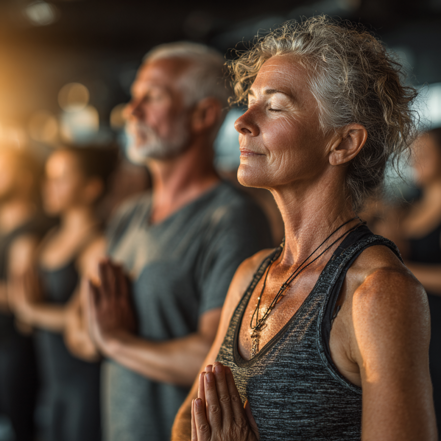 Инструктор показва йога пози на възрастни хора